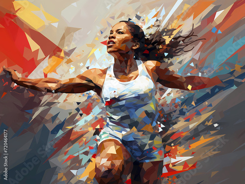 Black female athlete celebrating victory / finishing race, vector illustration, shattered vectors background 