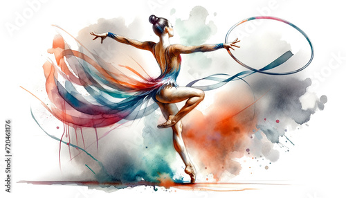 An artistic representation of a rhythmic gymnast in motion, with a hoop, amidst vibrant watercolor splashes. Sports concept. AI generated.