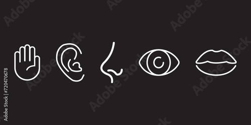 Five human senses editable stroke outline icons set isolated on white background flat vector illustration. Pixel perfect.