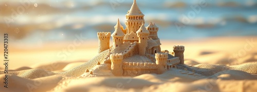 A sandcastle sculpture proudly adorns the beach during a summer getaway.