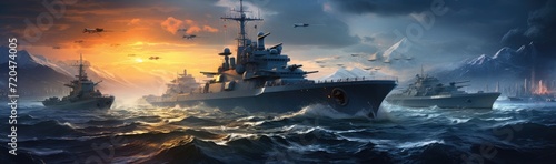 A colossal naval confrontation unfolds on the vast expanse of the open sea.