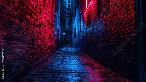 In the downtown area, an alley with dark brick walls stands under the glow of red and blue neon The subtle lighting creates deep shadows, highlighting the urban grit and vintage architecture Th