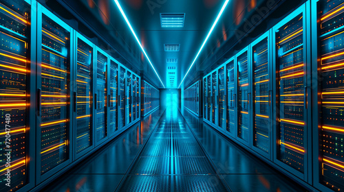 Inside a modern datacenter, focusing on the infrastructure and storage systems Background rows of high-capacity data storage units Colors cool blues, silvers, and the glow of activity lights Cr