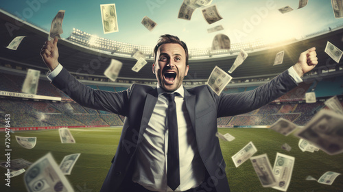 Soccer players holding large amount of bills at Soccer stadium in background, Man who rejoices at the stadium for winning a rich bet