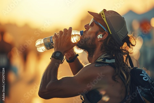 Marathon runner is taking a break drinking mineral water