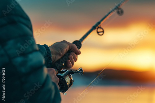 Hands of a man in a Up plan hold a fishing rod 