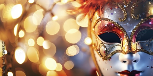 Carnival Party. Venetian mask banner with defocused bokeh lights.