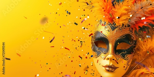 Mardi Gras poster. Banner template with Venetian masquerade mask for women, confetti and feathers isolated on warm yellow background, copy space. Costume party flyer for carnivals.