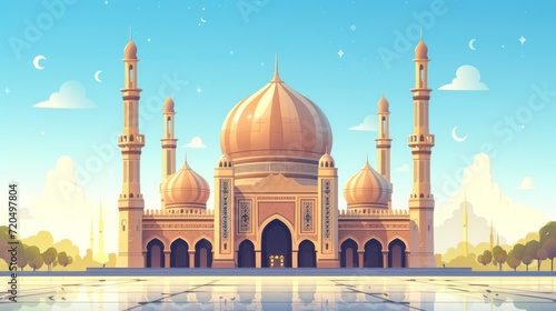 Illustration of beautiful architectural design of the Ramadan concept of the innovative Muslim mosque with a beautiful sky in high resolution and warmth. world religions concept