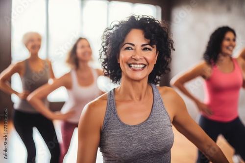 Middle-aged women enjoying a joyful dance class, candidly expressing their active lifestyle through Zumba with friends.