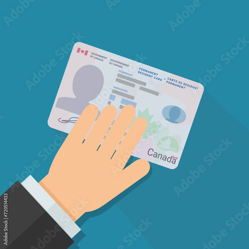 A hand presents a permanent resident card of Canada on a blue background in flat design style with a long shadow