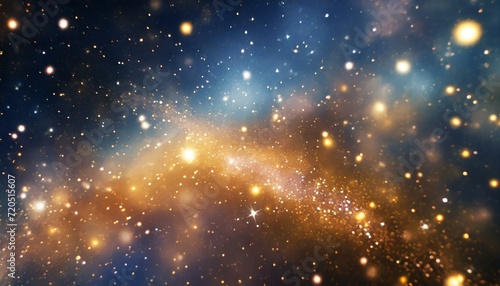 Background with golden glittering galaxy stars on dark night sky. Bokeh light. 