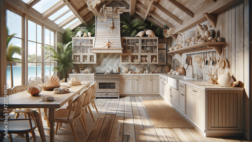 Beach house kitchen with light-colored cabinets, driftwood accents, and seashell decor