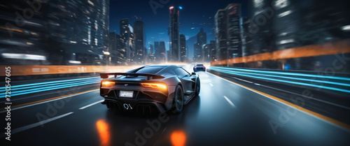 "High-Speed Night Drive, Sports Car Racing on Illuminated City Highway, Urban, Velocity, Motorsports"