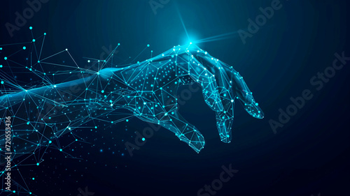 An abstract image of a digital hand appears on a bright blue technological background consisting of interconnected lines, dots and triangles. advances in internet technology. Generative AI