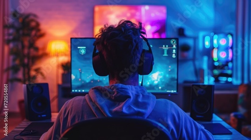 Young man wearing headphones playing computer game, winner. Male gamer looking at computer monitor. Cybersport, gaming club. Guy record live stream. Pink neon light. Cyber sport. Professional player.