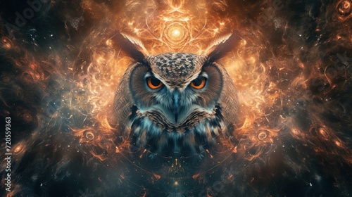 Cosmic journey, mystical essence of a cosmic owl, symbolism shamanism and witchcraft.