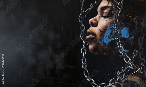 African American woman in chains. Freedom and struggle concept.