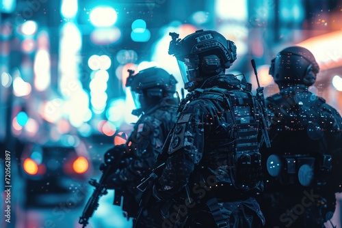 Squad of soldiers on patrol in night city. Urban warfare. Special operations and futuristic technology. Police of the future. Design for banner, poster, advertising