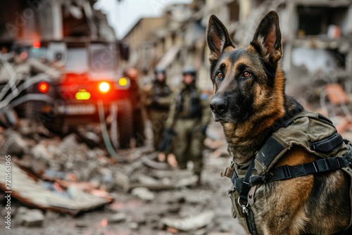 Service dog in tactical vest on a search and rescue mission in urban ruins. Emergency and rescue services concept. Destroyed buildings. Design for banner, poster