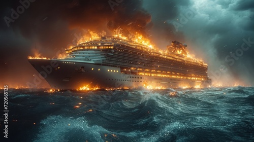A dramatic photo of a passenger boat on fire during a severe ocean storm, showing the intensity and danger of maritime disasters amidst turbulent waves and stormy skies.