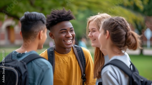 A group of multicultural students, both male and female, in a candid outdoor setting, exuding a sense of camaraderie and joy