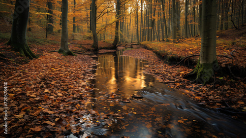 A forest during autumn with a carpet of golden leaves and a small meandering stream.