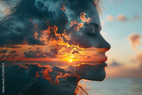 Double exposure silhouette of a woman's face with a cloudy sunset sky on the beach. Mood disorder concept, human and natural problems