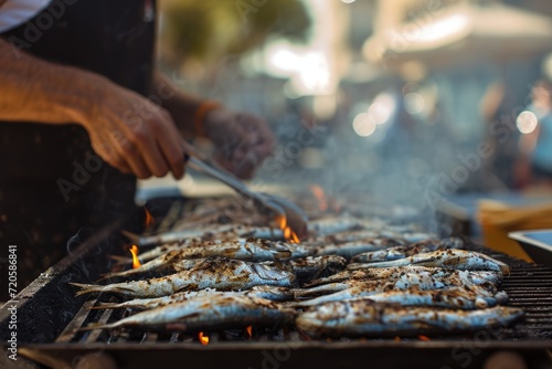 Porto's Street Feast: Dive into the Culinary Charms of Oporto Streets as a Man Grills Sardines, Offering a Popular Taste of Authentic Portuguese Seafood Delight.
