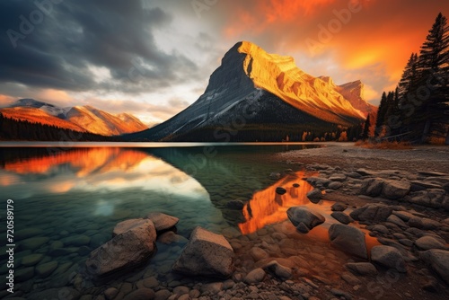 Bow Lake in Banff National Park, Alberta, Canada at sunset, Sunrise reflects on an orange mountain at Lake Minnewanka in Banff National Park, Canada, AI Generated