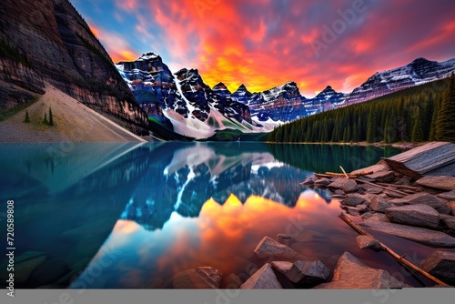 Moraine lake at sunset, Banff National Park, Alberta, Canada, Taken at the peak of color during the morning sunrise at Moraine Lake in Banff National Park, AI Generated