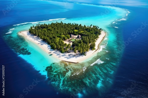 Discover a remote and serene paradise with an island nestled in the tranquil expanse of the ocean, Tropical island in the Indian Ocean, Maldives, aerial view, AI Generated