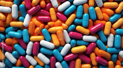 Close-up colorful medical pills and capsules background. Top view and flat. Medicine and healthcare concept