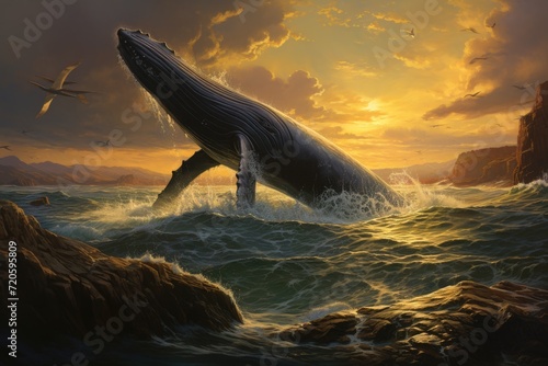 Humpback whale in the sea at sunset. 3d render, Seascape with a whale tail, AI Generated
