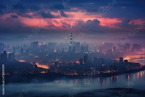 Beautiful night view of Hong Kong city skyline with skyscrapers, Seoul Skyline, AI Generated