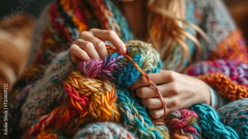 Woman knits a sweater from multi-colored threads