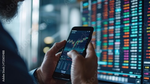 Crypto stock market concept. Broker hold cell phone with financial diagram. Digital trader invest money. Business investor analyze profit data. Successful businessman online work. Finance graph growth