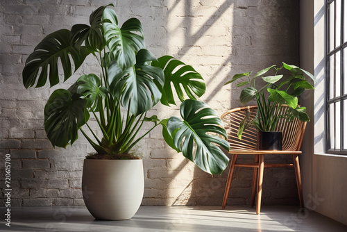 Monstera with leaves in flowerpot, climbing plant. Monstera deliciosa or philodendron, plant, nature and flora. Interior design