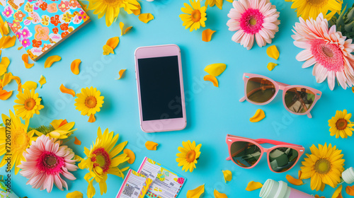 A summer festival flat lay with concert tickets a flower crown sunglasses a portable charger and festival wristbands on a vibrant backdrop.
