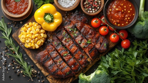  a wooden cutting board topped with meat covered in sauces and veggies next to a bowl of corn, tomatoes, broccoli, peppers, and other condiments.
