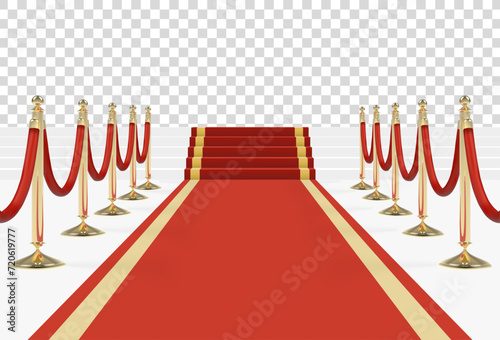 Red carpet on stairs with red ropes on golden stanchions