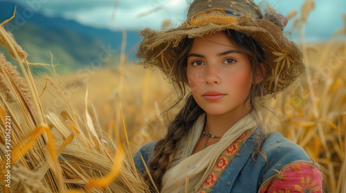 Chica joven mediana edad campesina, con sombrero, vestido rojo tradicional , trenza, en el exterior, prado sembrado, dorado, agricultura, recogiendo siembra, vida rural, cereales vida sana