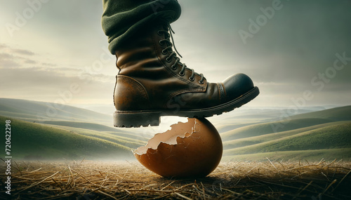 Walking on eggshells. Close-up of boot stepping on eggshell.
