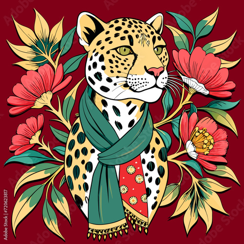 Chic Leopard Print: Scarf Decorated with Baroque Floral Motifs
