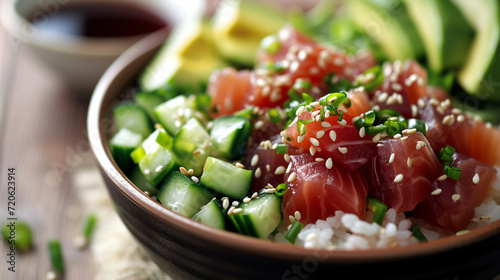 A vibrant bowl of poke featuring diced tuna avocado cucumber and sesame seeds over steamed rice drizzled with soy sauce.