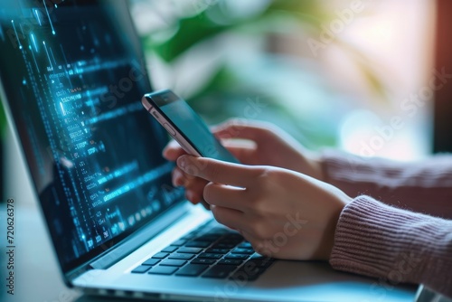 Cropped hand of woman using mobile device with Two-Factor Authentication (2FA) security while logging in securely to her laptop. 