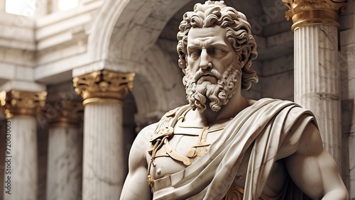 Photorealistic stoic greek marble statue in temple, Stoics and stoicism motivational and inspirational quotes