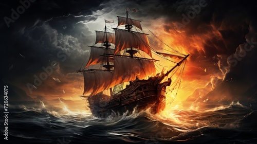 Dramatic scene of pirate ship sailing through stormy sea with jolly roger flag flying high
