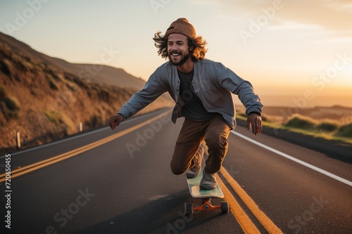 Smiling young hipster man enjoying skateboarding by the scenic road with sunset on background