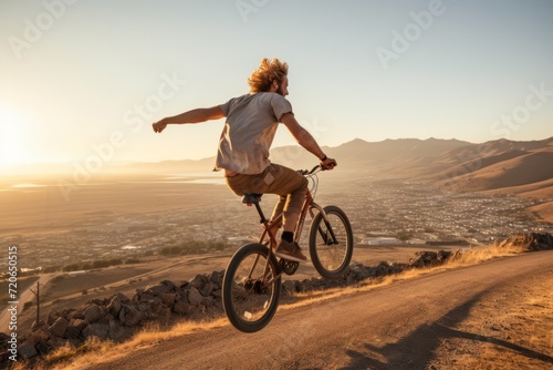 Skilled BMX cyclist jumping high during his freestyle ride with scenic landscape on background